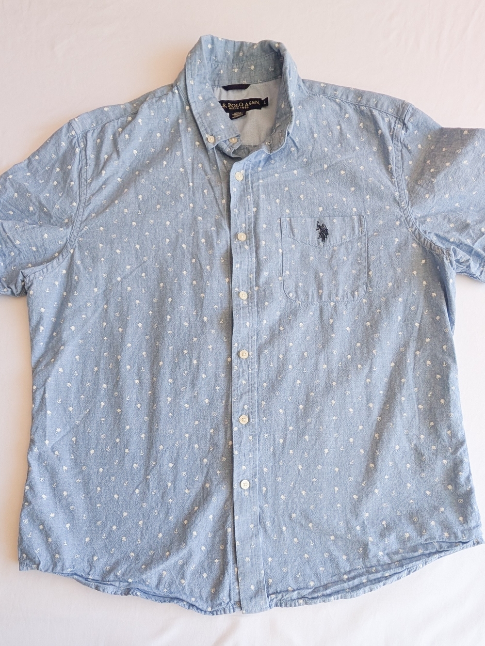 US Polo Association Nautical All Over Print Button Down Short Sleeve Preppy Lrg